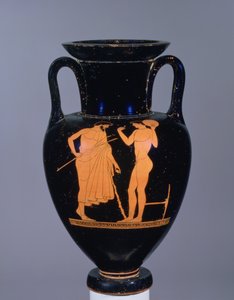 Attic red-figure amphora depicting elderly bearded male and a youth